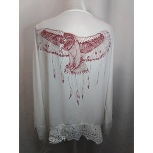 Spool No. 72 Clothing Co. white boho kimono with burgundy eagle across back